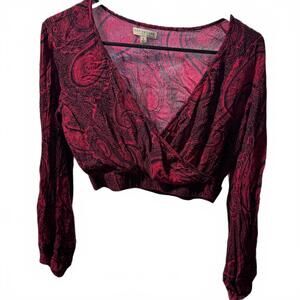 Earthbound Trading Co. Women's Pink and Black Paisley Wrap Top, Size Large